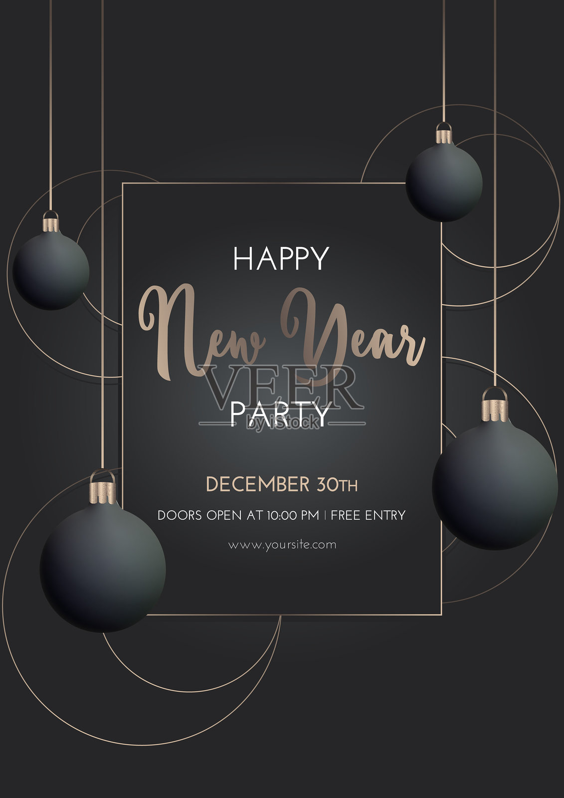 黑色背景上的圣诞派对邀请，配有新年球体和金色圆圈。冬季矢量插图，新年海报，横幅。插画图片素材