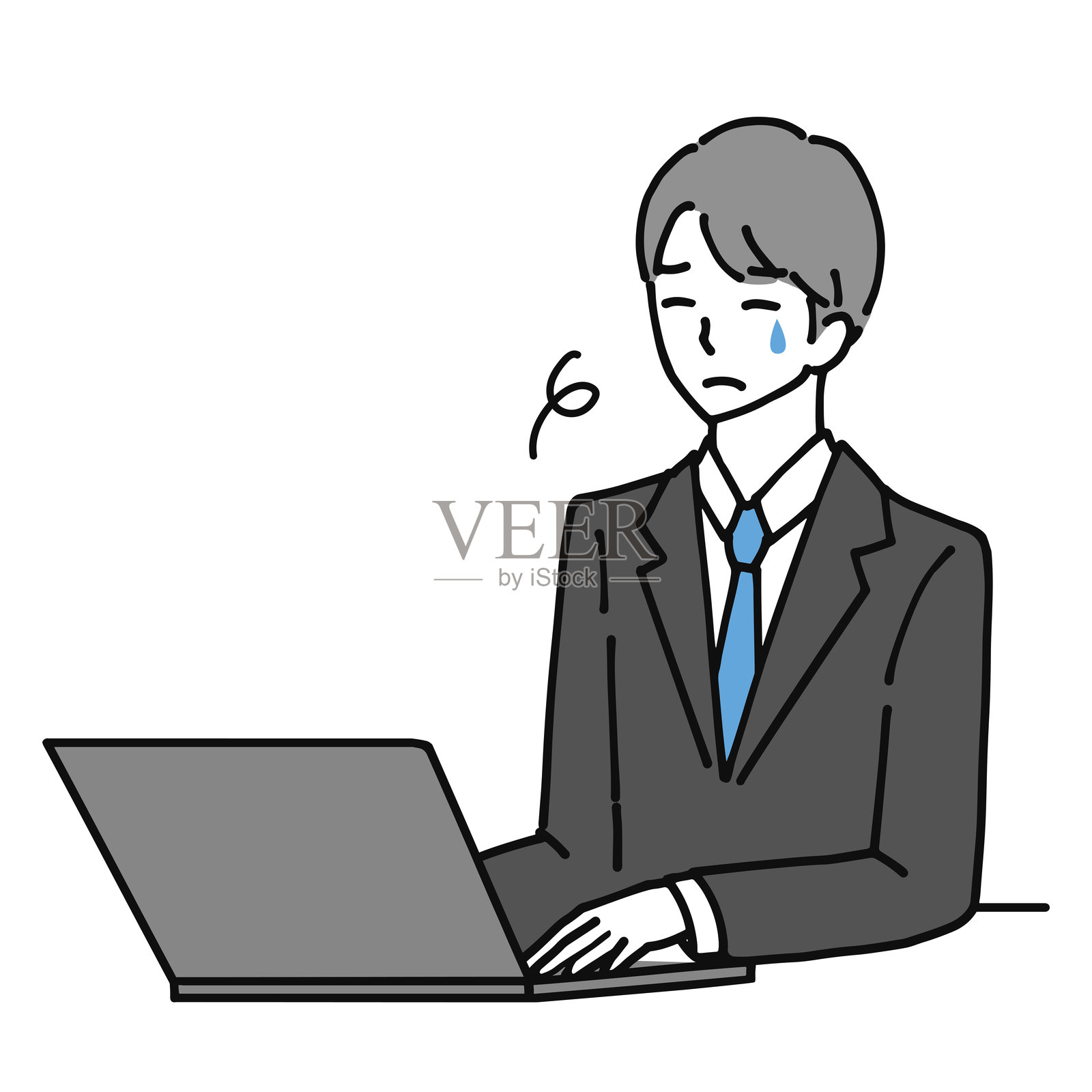 一位年轻商人在笔记本电脑前情绪低落，似乎快要哭出来。插画图片素材