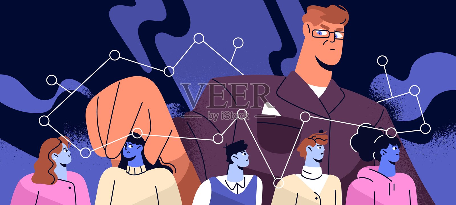 操控概念。独裁者以权威主宰人民。大师影响并管理依赖的木偶。隐藏的政府控制着人群的思想和思维。扁平矢量插图插画图片素材