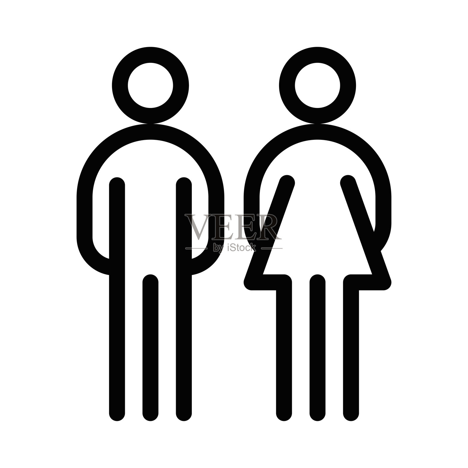 简单的线条图标，代表男性和女性形象，常用于性别或洗手间标志。矢量插图。可编辑的线条。插画图片素材
