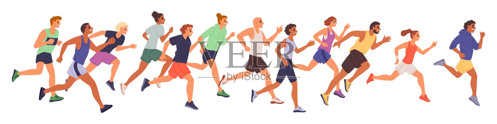 人们参加马拉松。跑步运动员团队。田径比赛。速度竞赛。穿着运动服的男女。短跑比赛锦标赛。体育冠军。鲜艳的矢量图集。插画图片素材