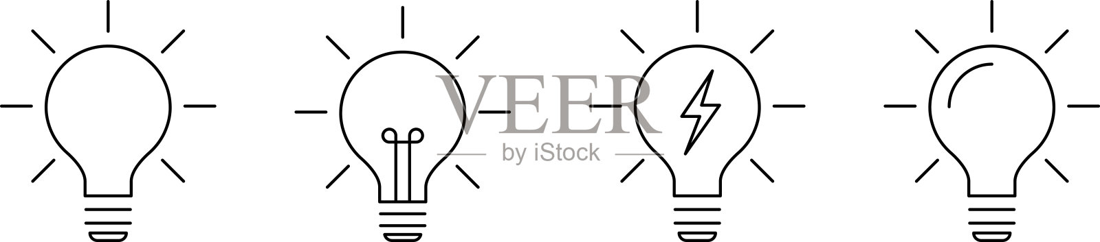 灯泡线条图标矢量图，背景为白色。创意标志，解决方案，思考概念。照明电灯，电力，闪耀，光亮。平面风格适用于图形设计、标志、网站和用户界面。插画图片素材