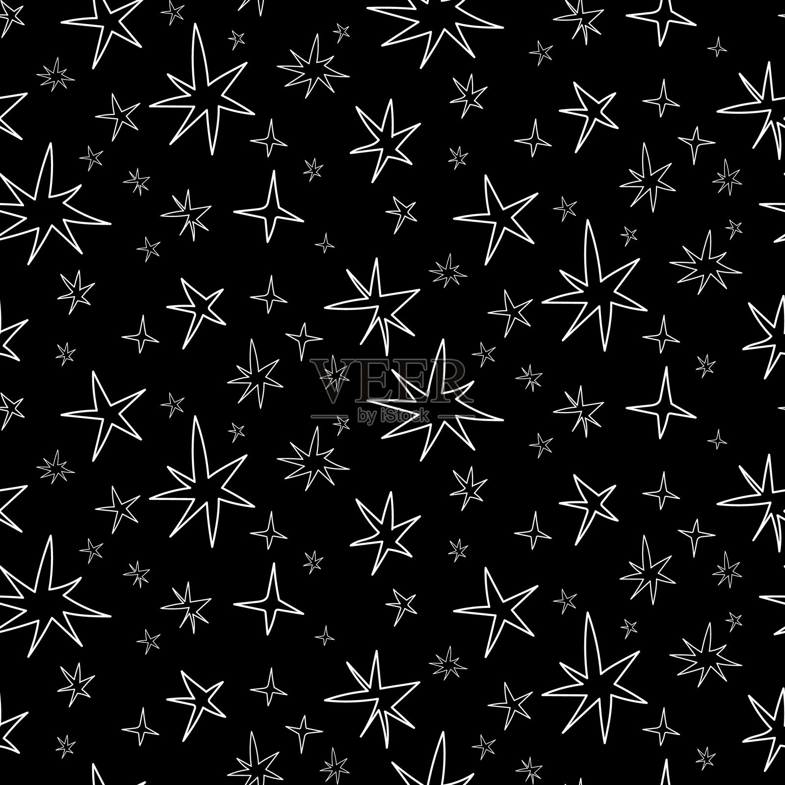 无缝星星图案。简单的单色图案。带轮廓星星的节日图案。夜空背景。婴儿纹理。儿童纺织品、服装和包装纸的印刷图案。插画图片素材