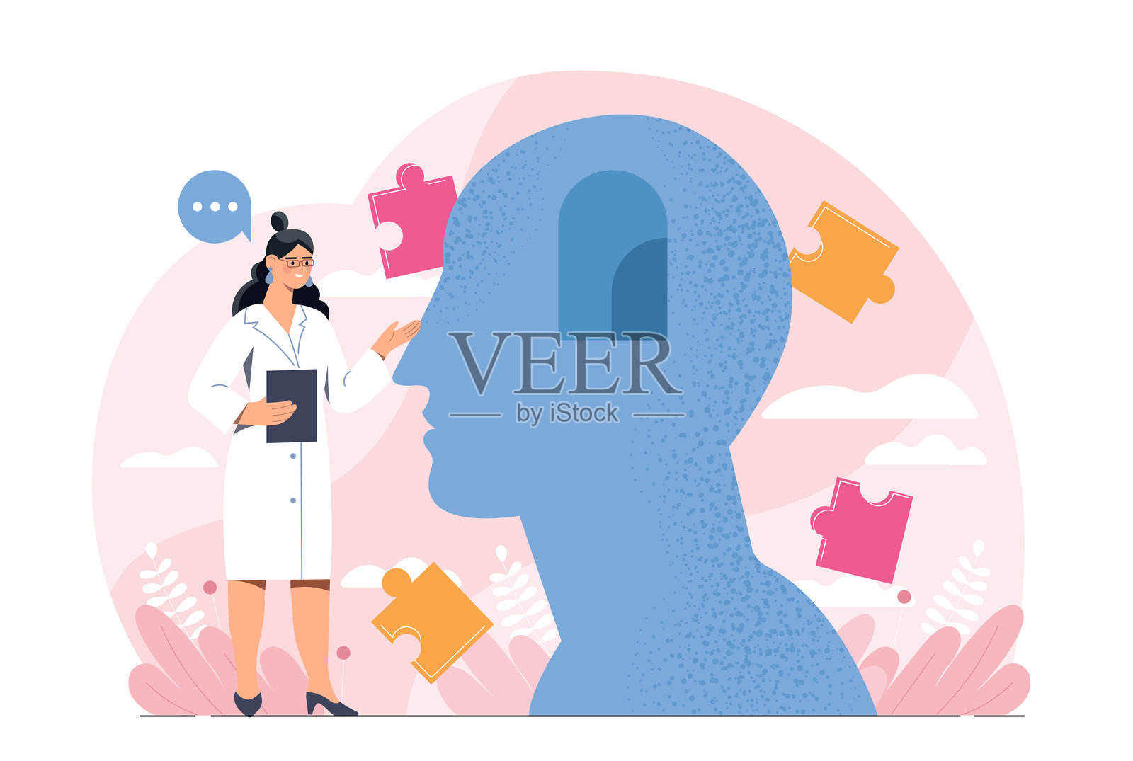 医生与心理学概念。身穿医疗制服的女性与头部轮廓。关注心理和精神健康。扁平化矢量插图。插画图片素材