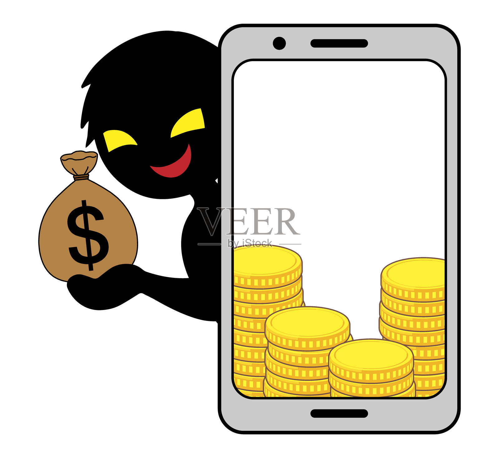一幅可疑的图像，展示了一个恶棍和手机上的钱。插画图片素材