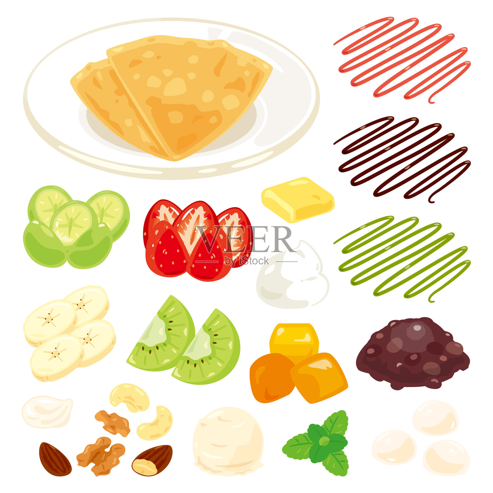 一盘可丽饼和甜点配料套装插画图片素材