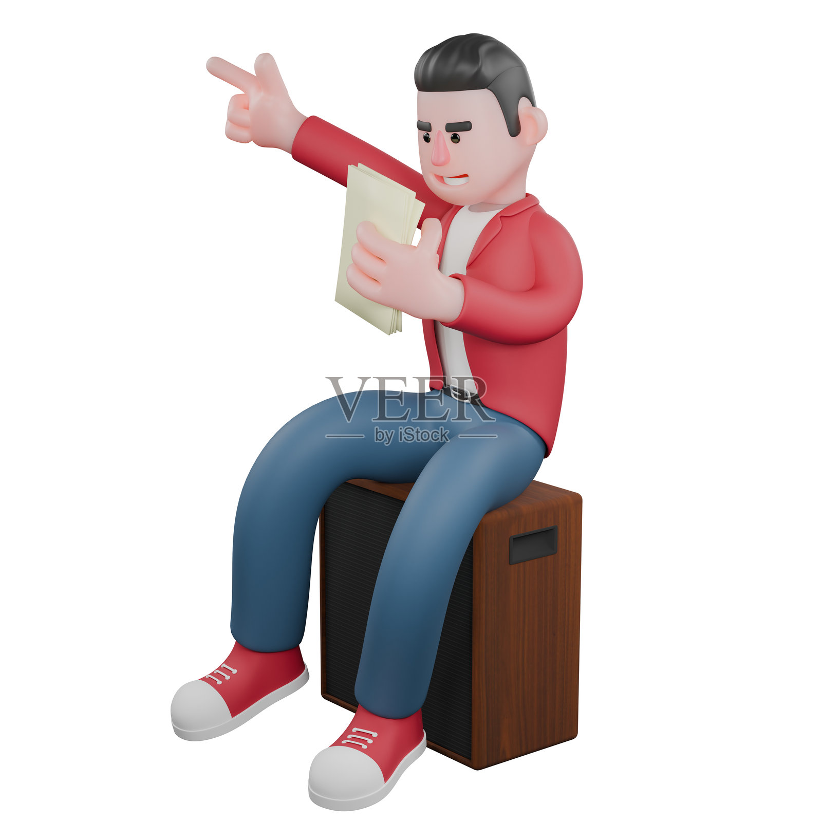3D 动画音乐明星。一位男性歌手坐在音响上，左手拿着一张纸，右手指向上方。男性歌手。照片摄影图片