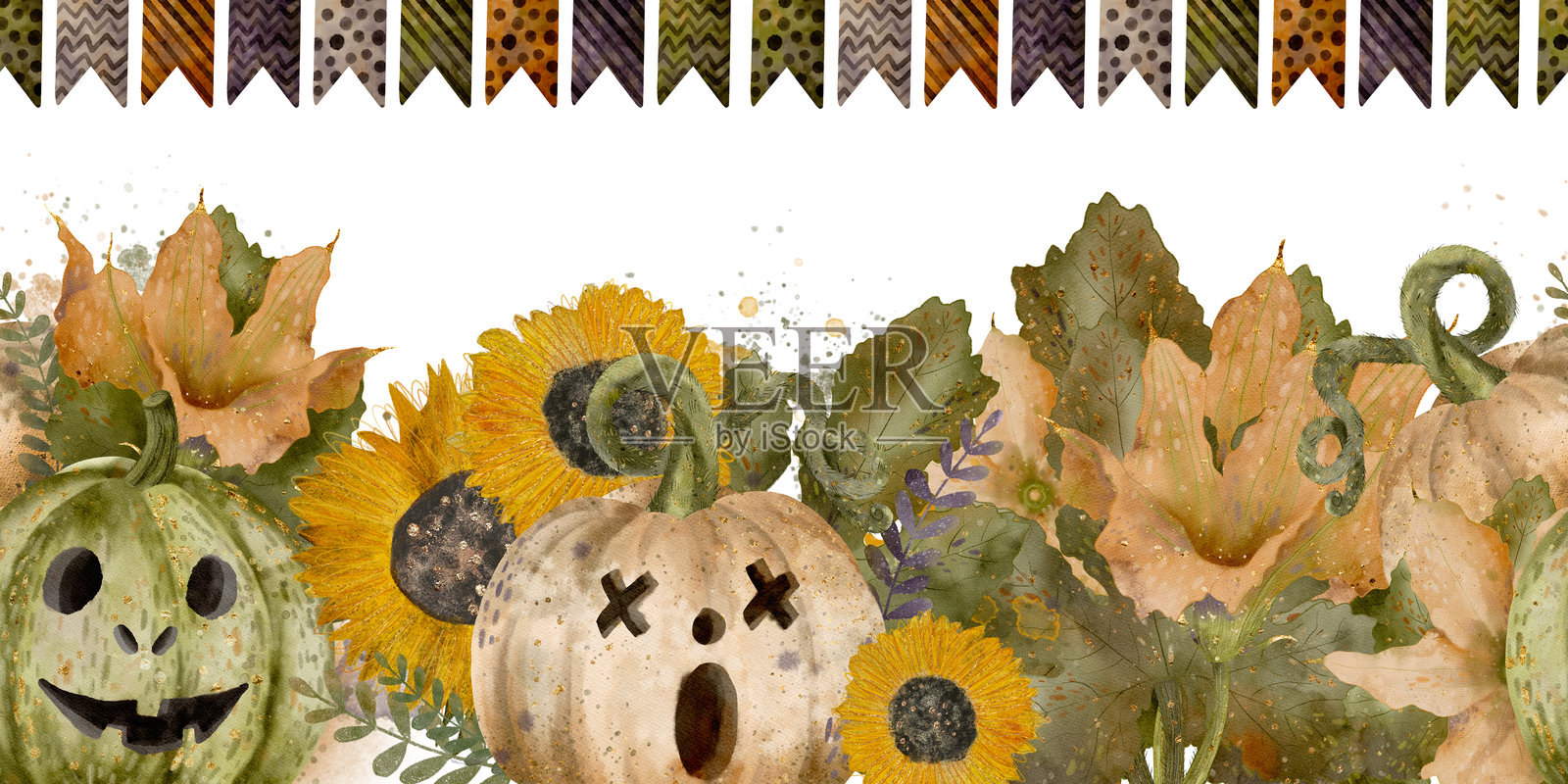 美丽迷人的秋季丰收装饰，包含南瓜和欢快的向日葵照片摄影图片