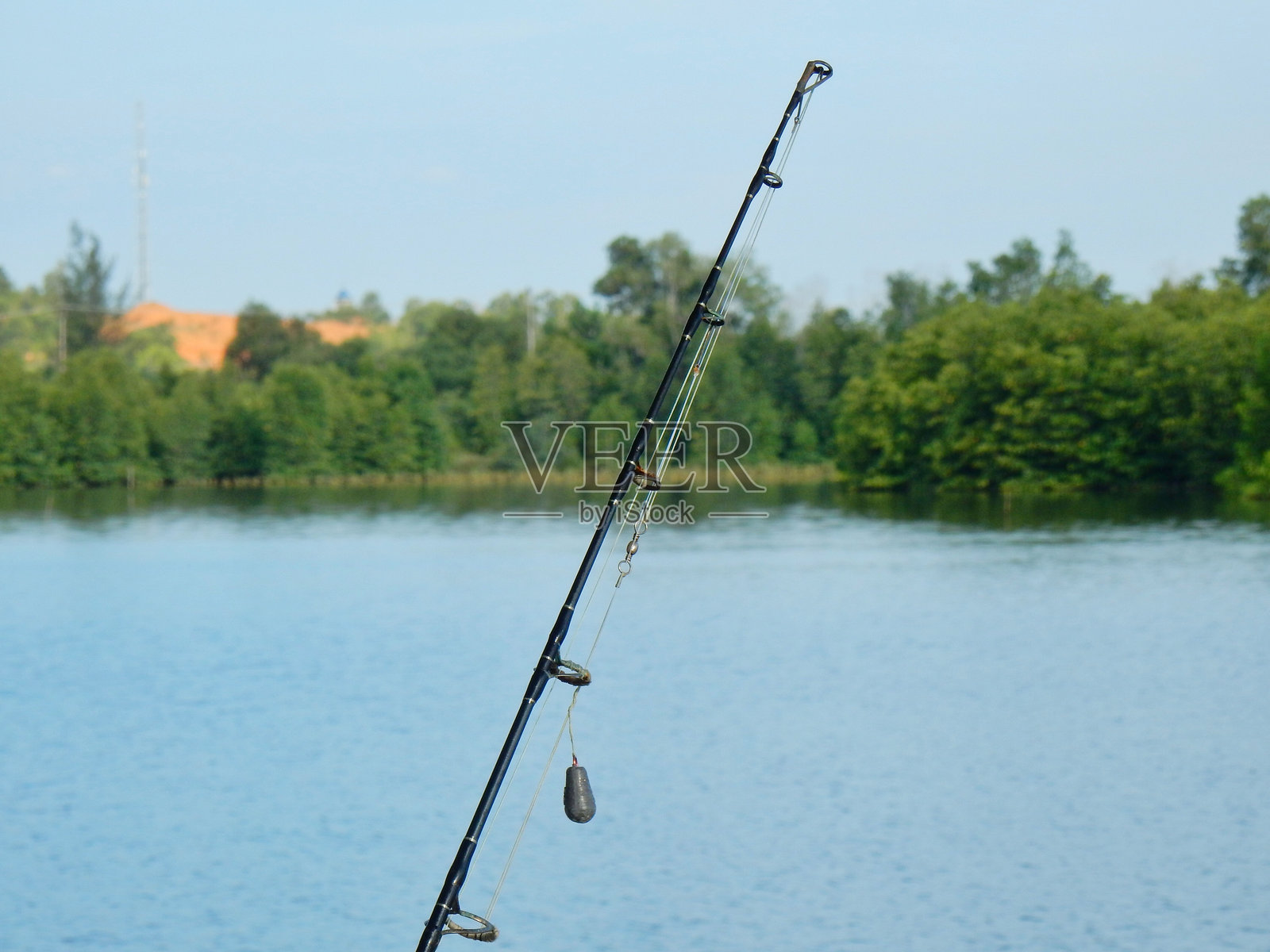 河岸上的树木与晴朗的天空相映成趣照片摄影图片