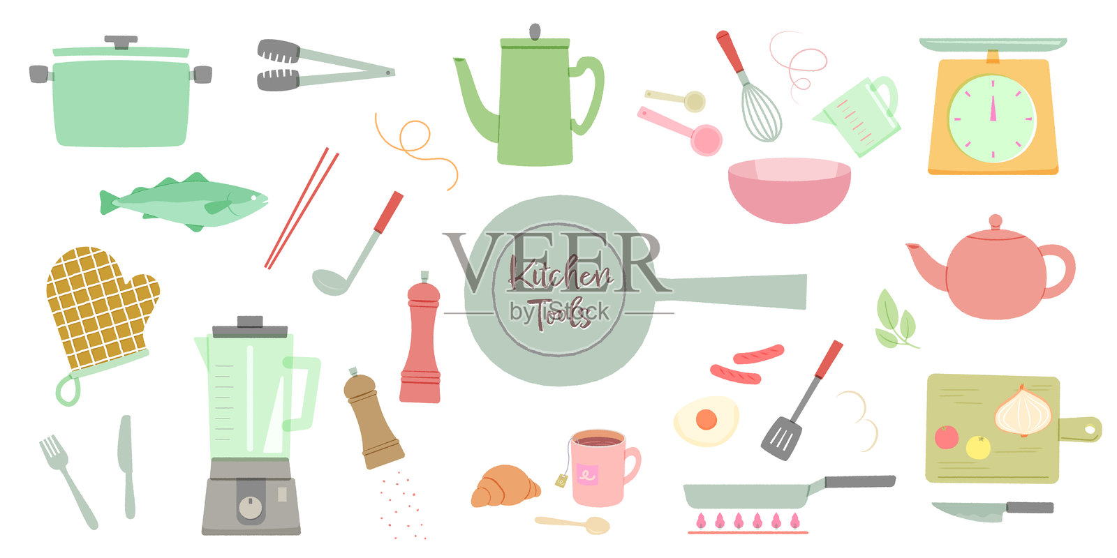 烹饪用具和食材的矢量插图。锅、平底锅、搅拌器和其他厨房工具的组合。烹饪准备和程序，茶点和用餐时间。插画图片素材
