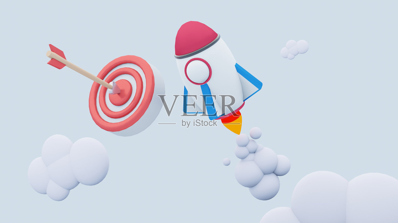 火箭发射瞄准目标与飞镖。成功的创业。创业商业战略。3D渲染。照片摄影图片