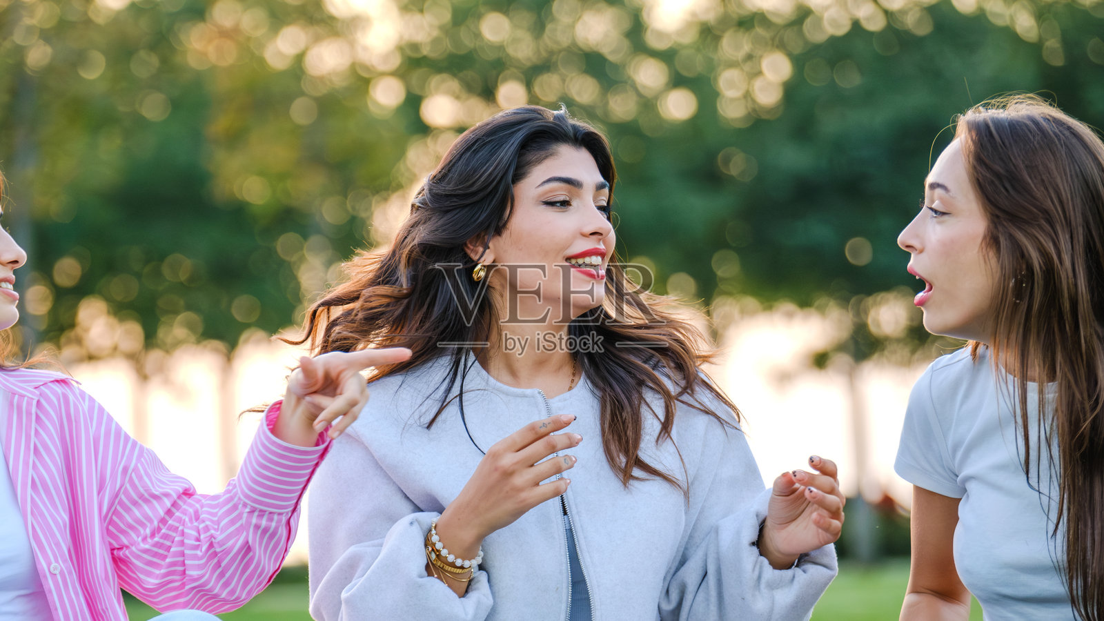 三个年轻女性朋友在夏日的草地公园里聊天和玩耍。照片摄影图片