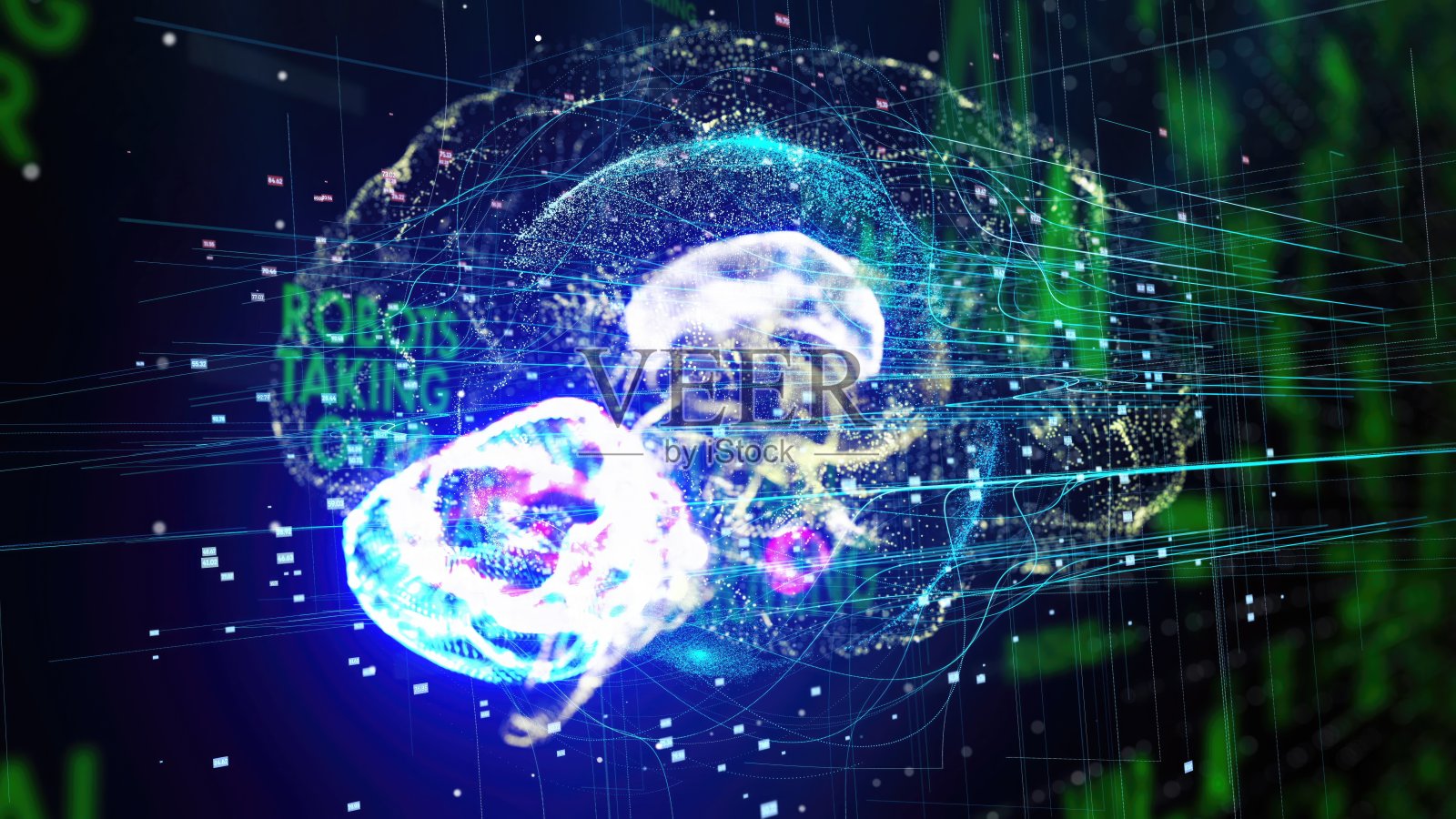 大脑与“机器人接管”的短语。照片摄影图片