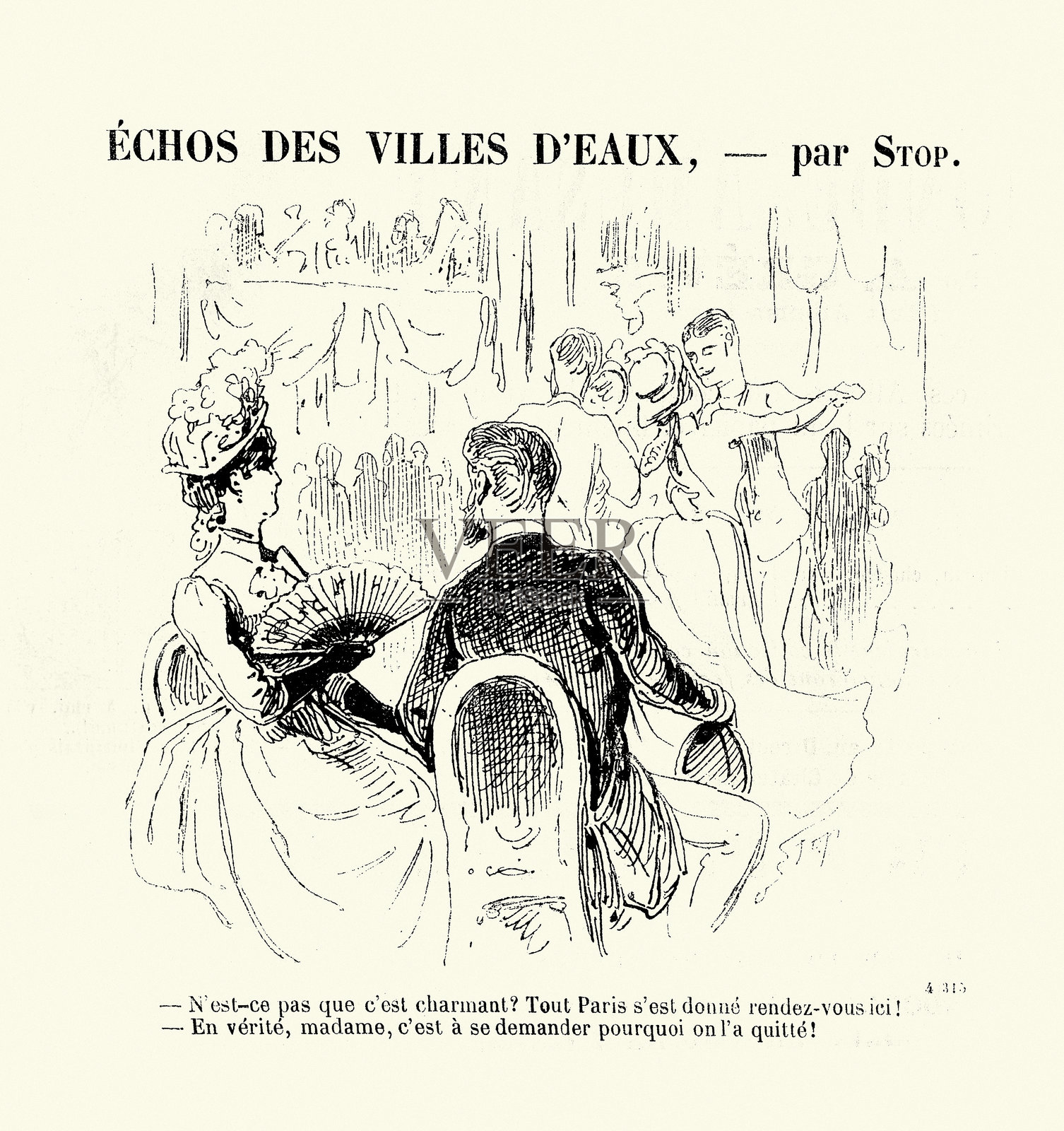 复古法国卡通，描绘一对情侣观看人们跳舞的讽刺画，维多利亚时代插图，19世纪1890年代照片摄影图片