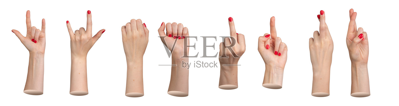 手势集合，红色指甲的手指手势，背景为白色照片摄影图片