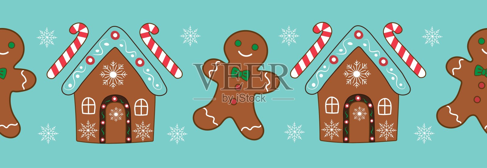 无缝图案，包含姜饼屋和姜饼人。新年圣诞背景，边框。插画图片素材