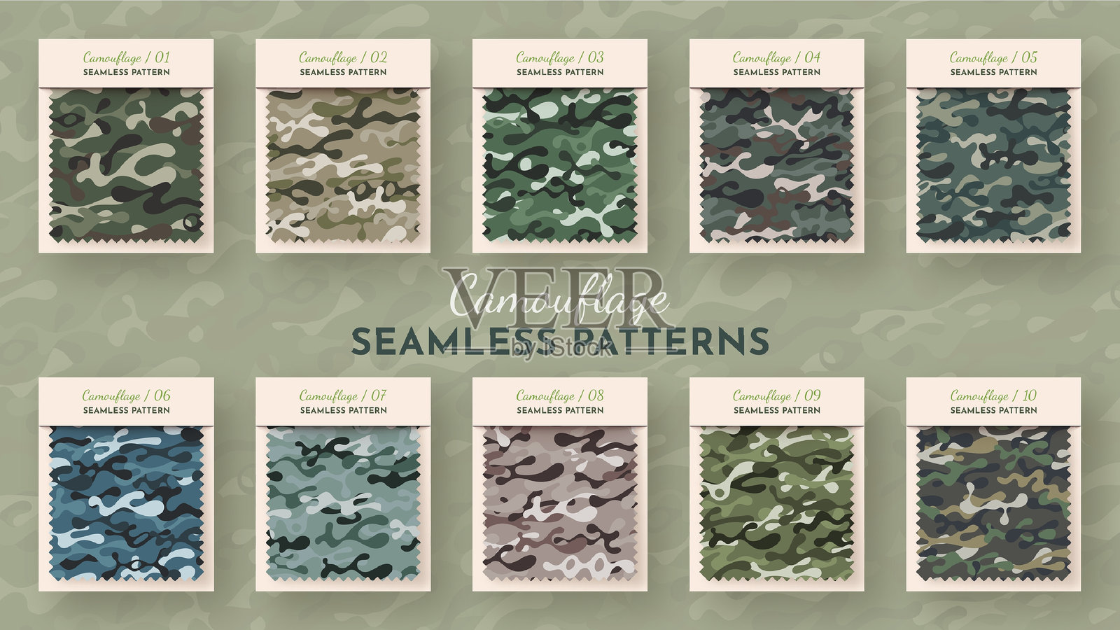 10种无缝迷彩图案。战争插图。传统军事纹理。军队背景。插画图片素材