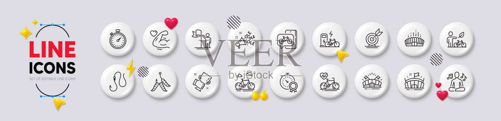 瑜伽音乐、骑行应用和蛆虫线条图标。用于网页应用和印刷。白色按钮3D图标。矢量图。插画图片素材