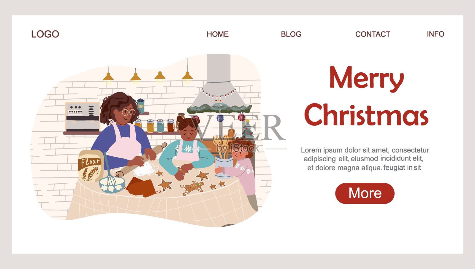 家庭在室内准备圣诞节的手绘插图。插画图片素材