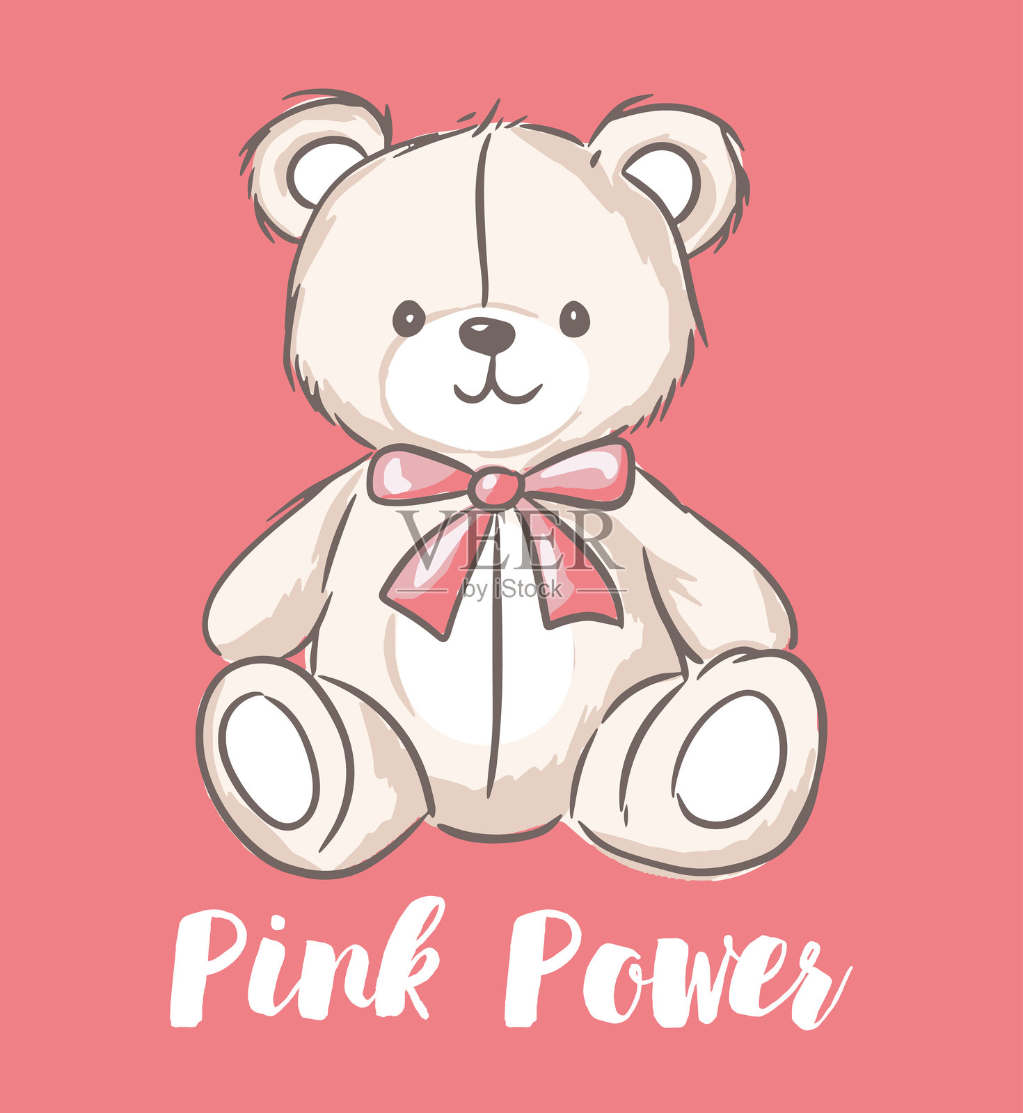 可爱的泰迪熊戴着粉色蝴蝶结，坐在粉色背景上，配有“粉色力量”的字样，适合女孩的设计插画图片素材