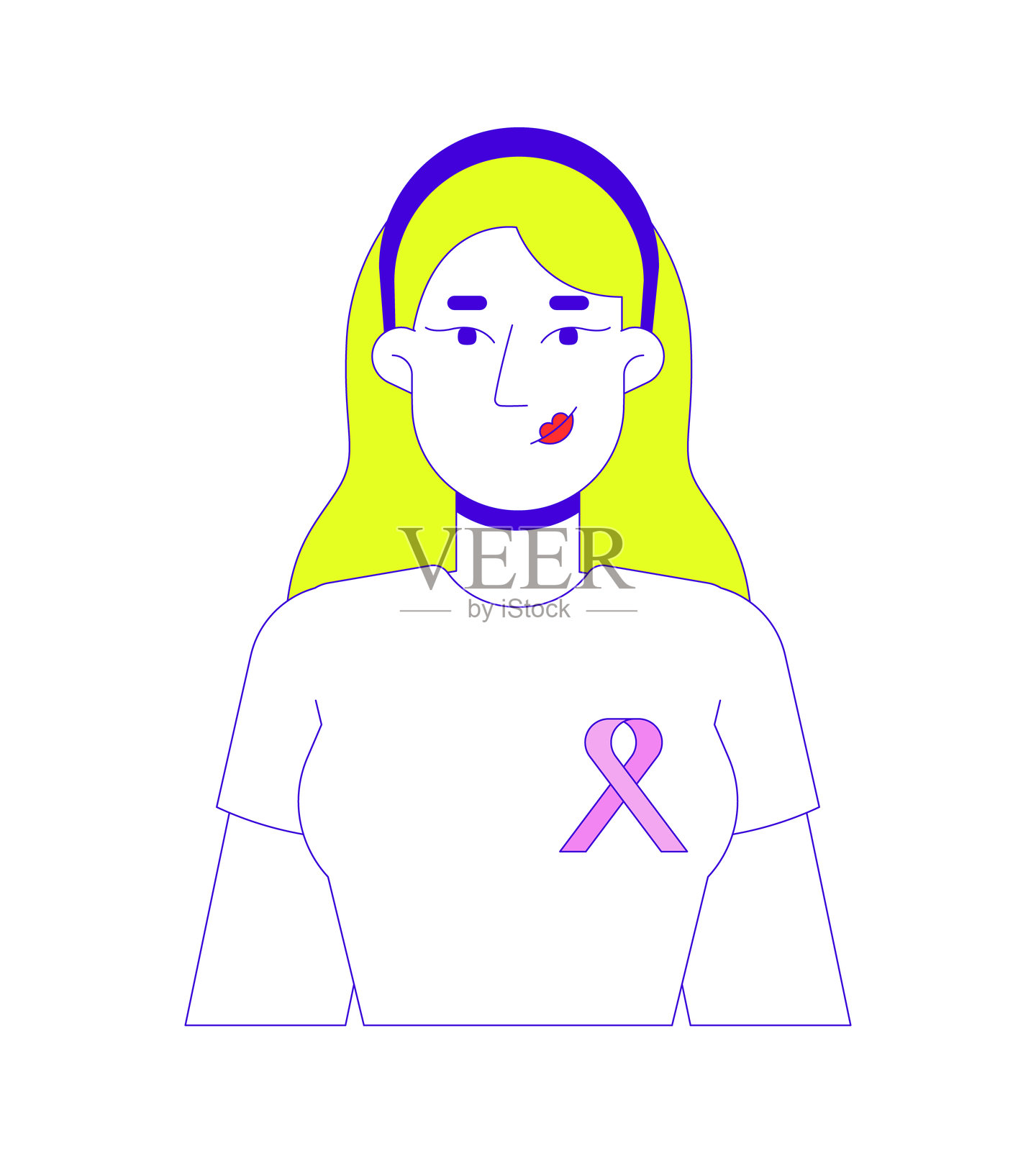 穿着T恤的白人女性与团结丝带的二维卡通角色插画图片素材