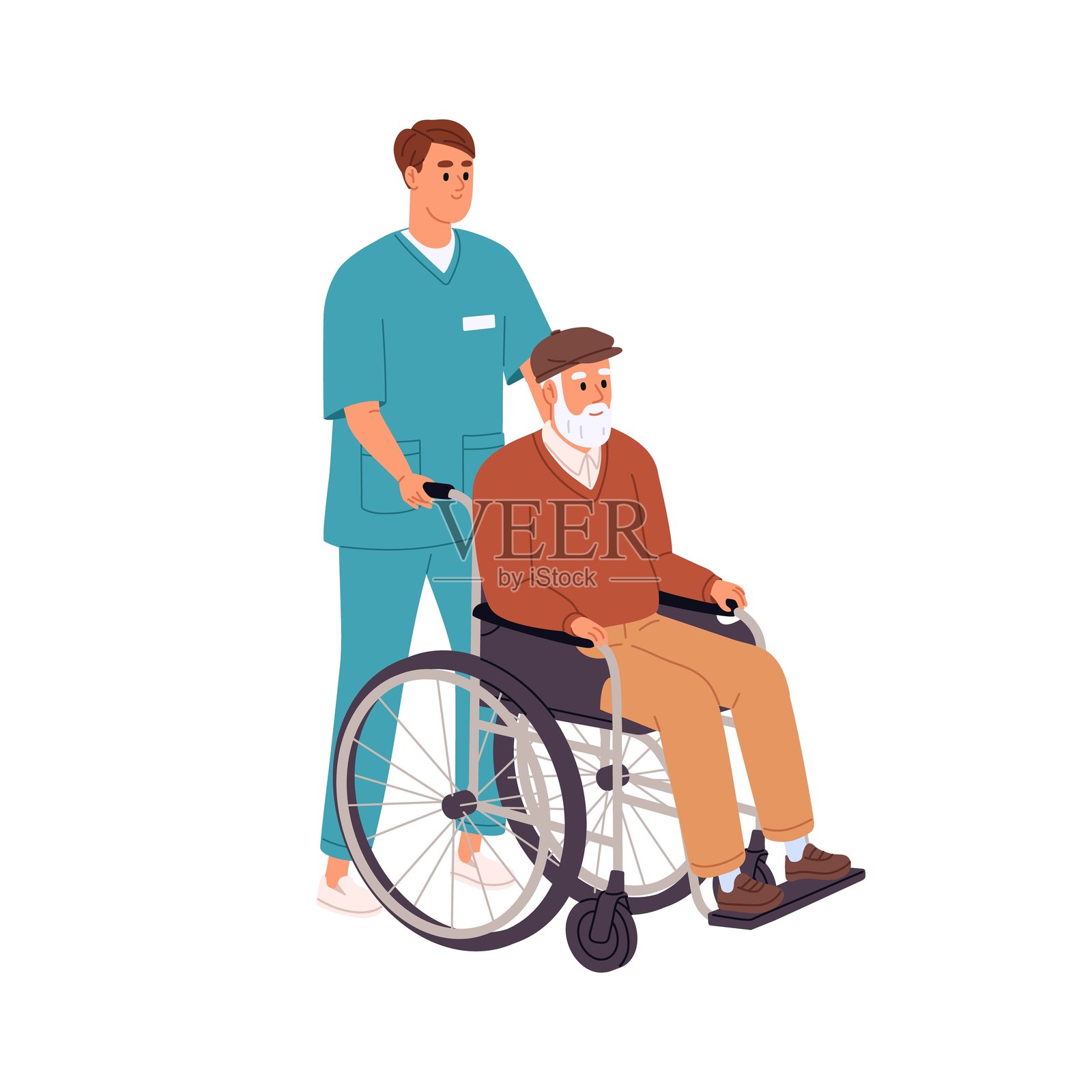 护士在帮助一位老年残疾男性。护理人员关心坐在轮椅上的老年人。照顾者帮助生病的祖父坐在轮椅上。白色背景上的平面孤立矢量插图。插画图片素材