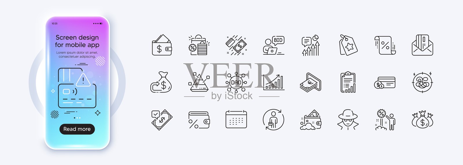 图表，贷款百分比和道线图标用于网页应用。图标。手机模型渐变屏幕。矢量。插画图片素材