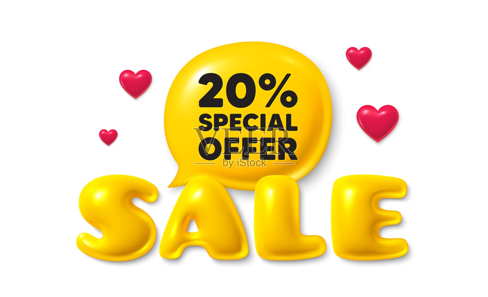 20%折扣优惠。促销价格标志。带对话气泡的3D横幅。矢量图。插画图片素材