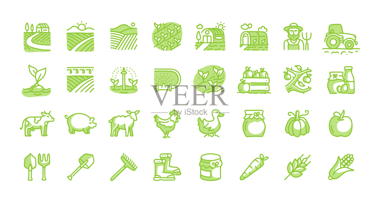 农业手绘涂鸦线条图标集。物体组合。农业、农场工人、收获。插画图片素材