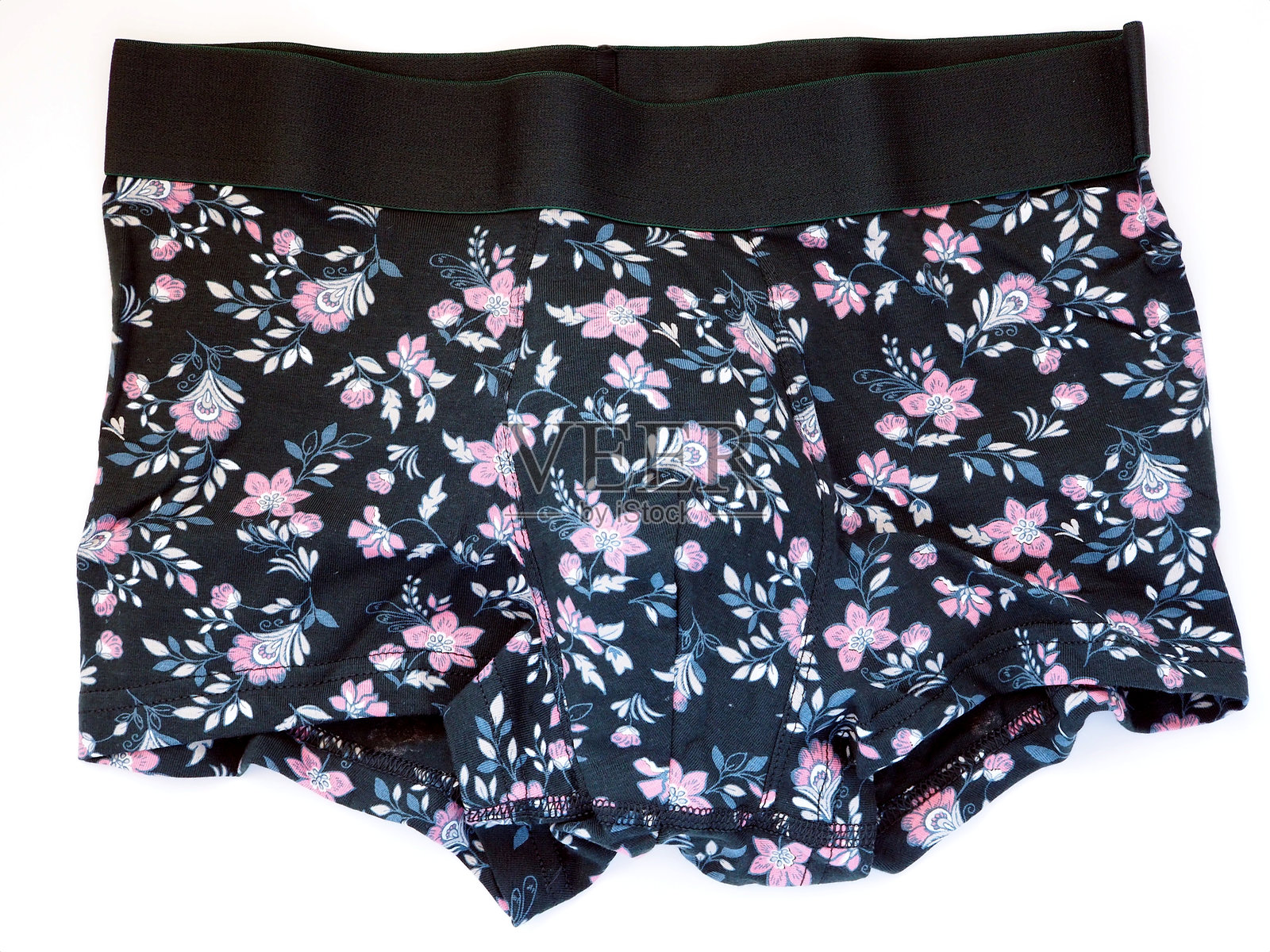 男士花卉印花弹性腰带平角内裤，舒适时尚的内衣，白色背景照片摄影图片