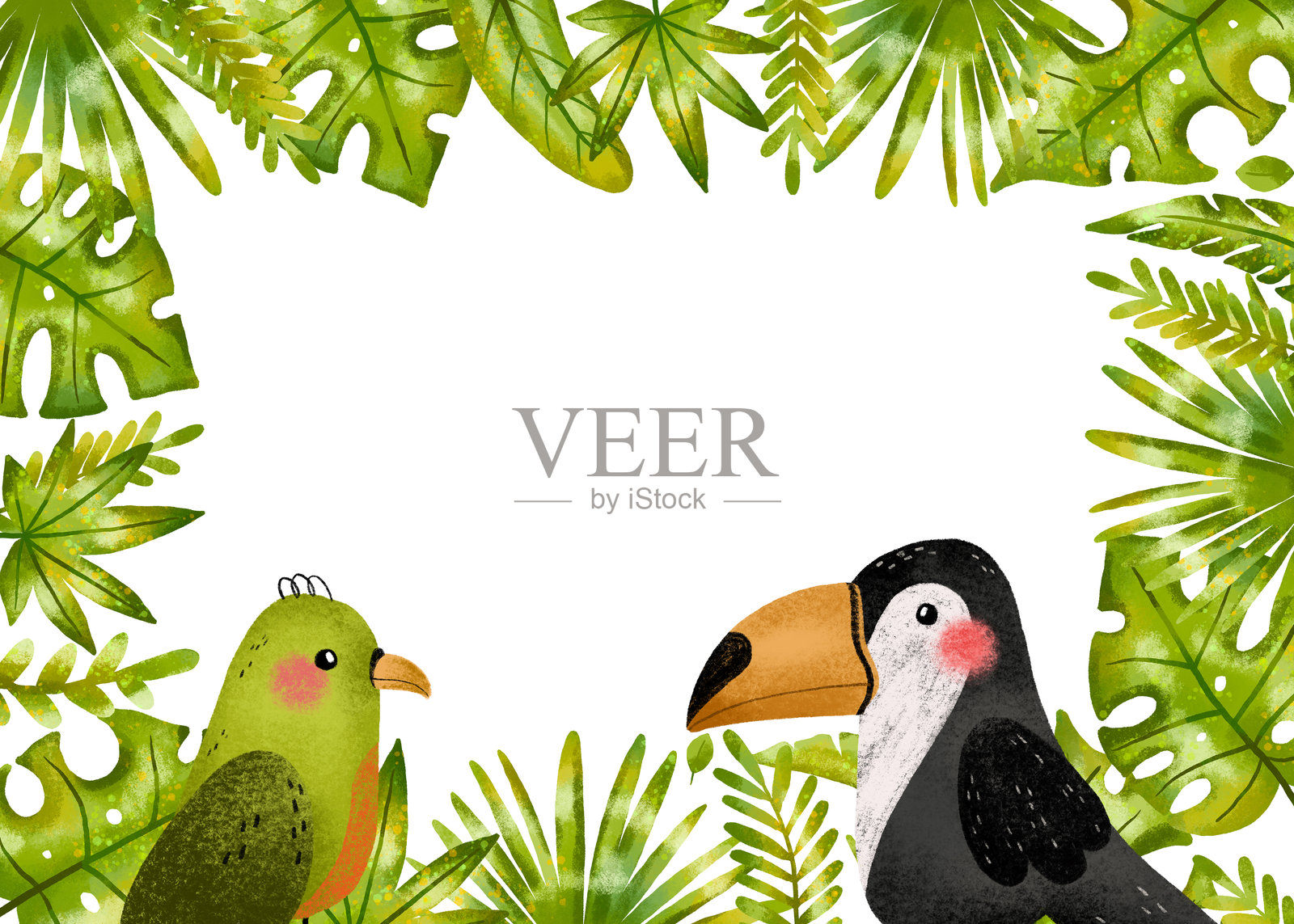 带有鹦鹉、巨嘴鸟和丛林叶子、树枝的横向边框。雨林。生日卡邀请。手绘在独立背景上。照片摄影图片