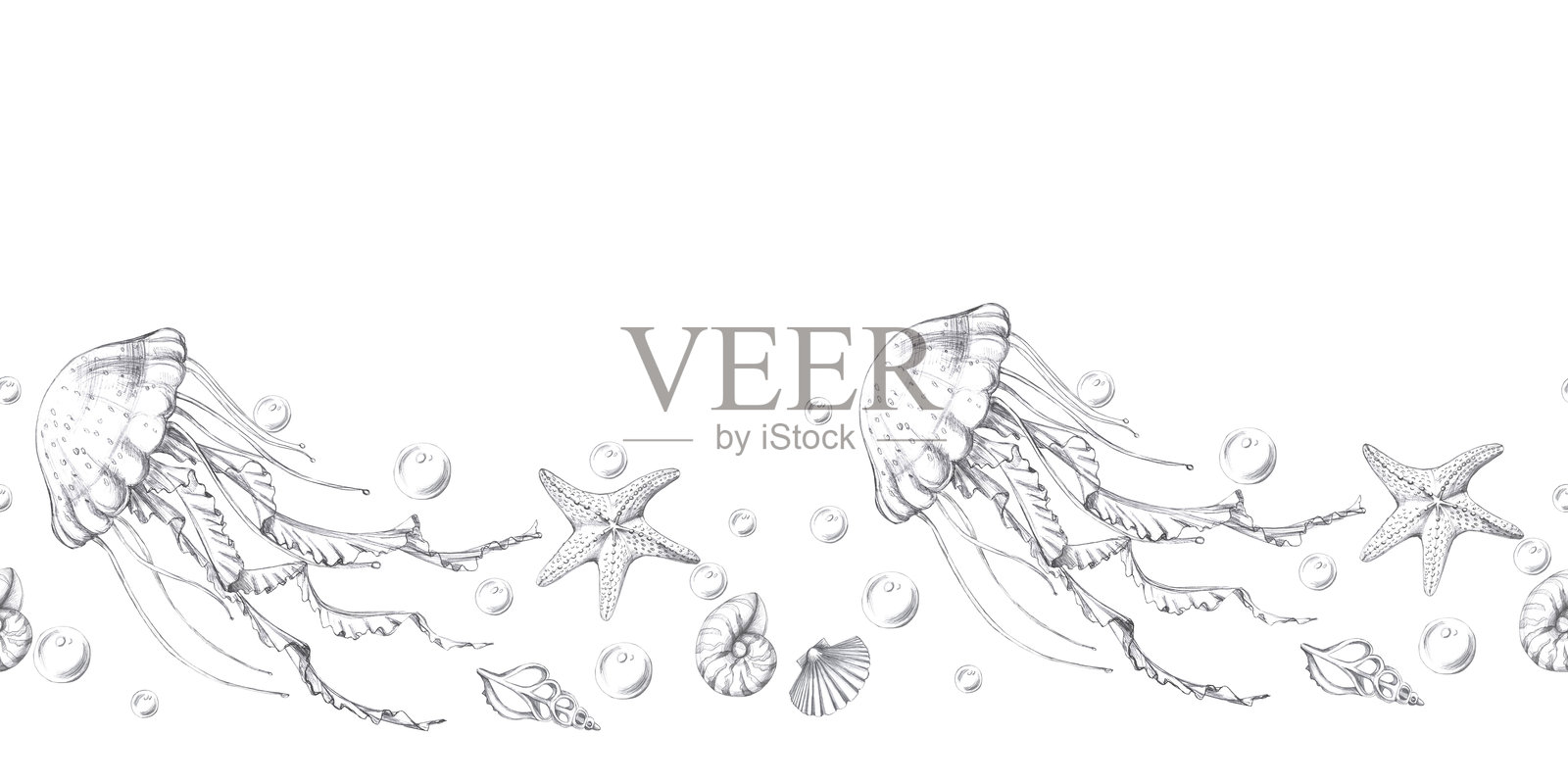 无缝边框，包含水母和海星。适用于卡片、纺织品、餐厅装饰、海洋派对邀请的铅笔图形插图。照片摄影图片