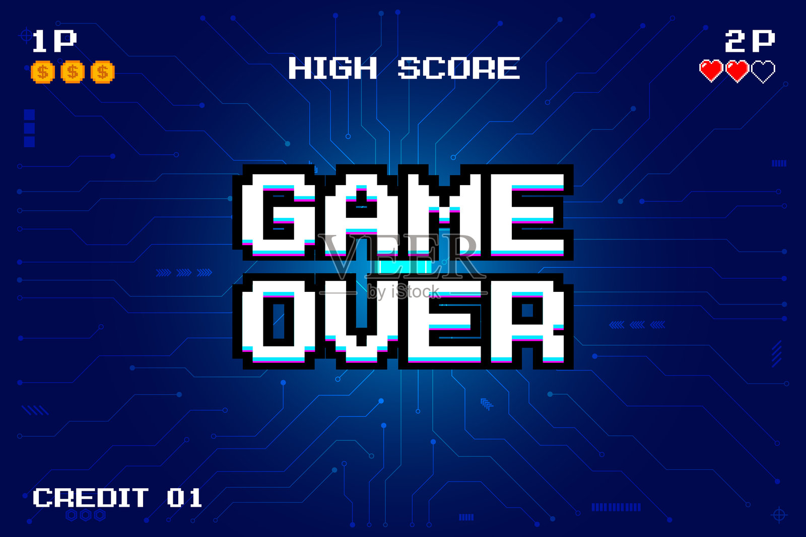 游戏结束，插入硬币继续。合成波线框网插图。像素艺术。8位游戏。复古游戏。用于游戏资产。复古未来主义科幻背景。发光的霓虹网格和星星。插画图片素材