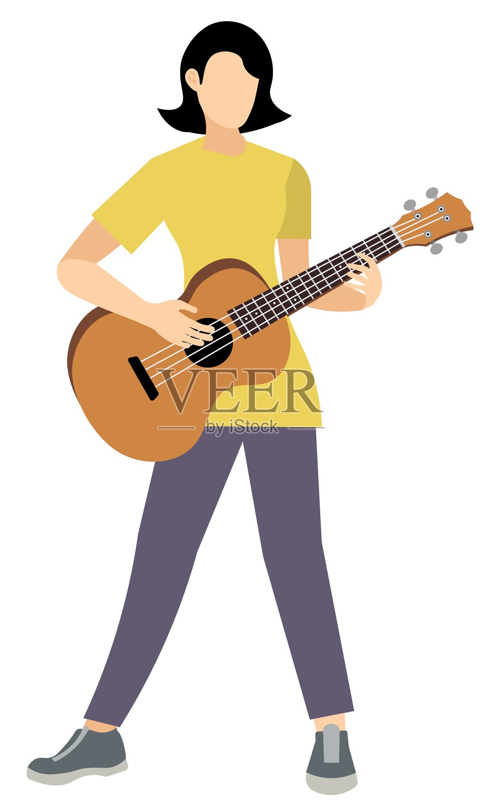 矢量人物。弹奏原声吉他。一位穿着T恤的女孩站着弹吉他。矢量插图插画图片素材