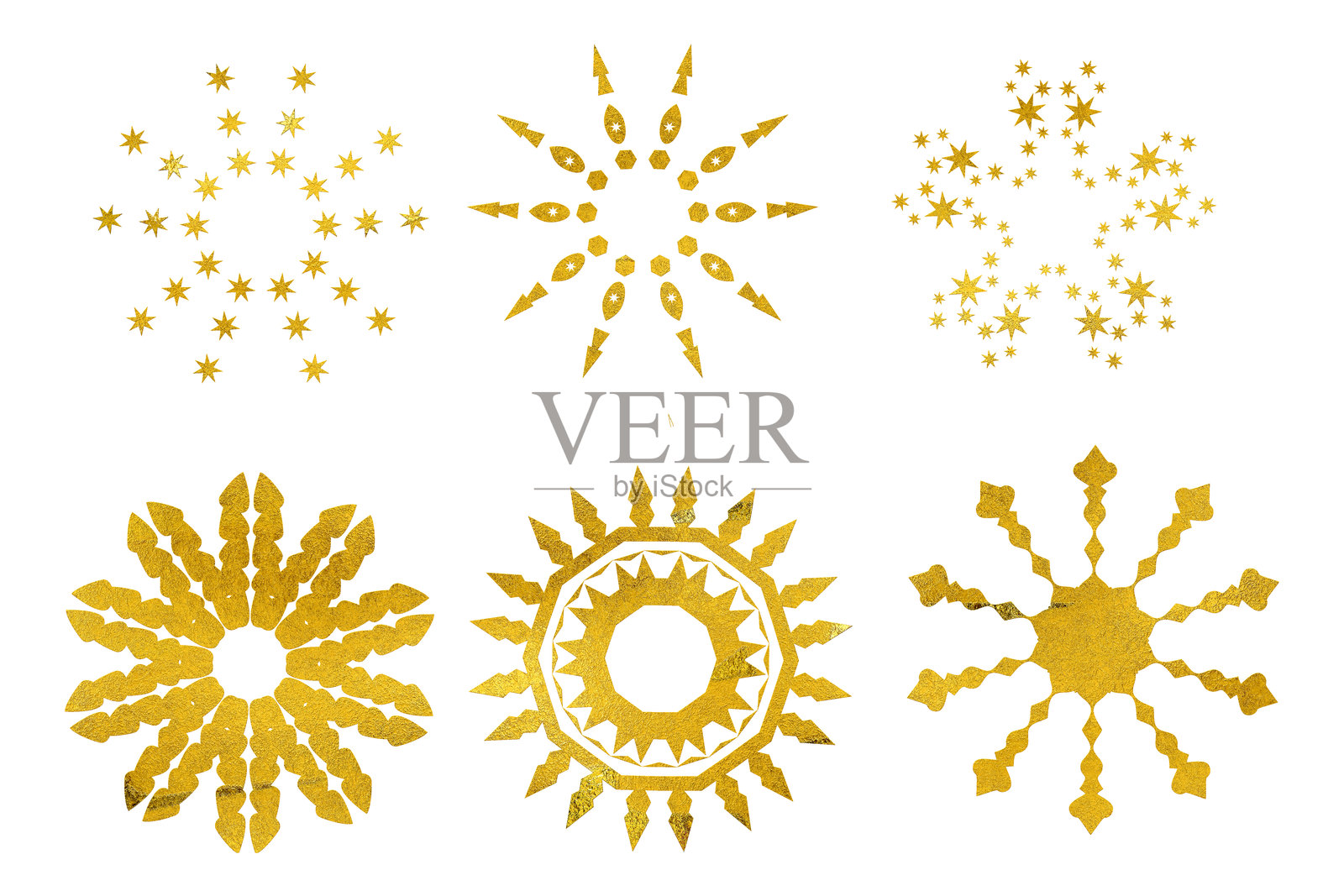 各种金属风格的星星或雪花形状。照片摄影图片