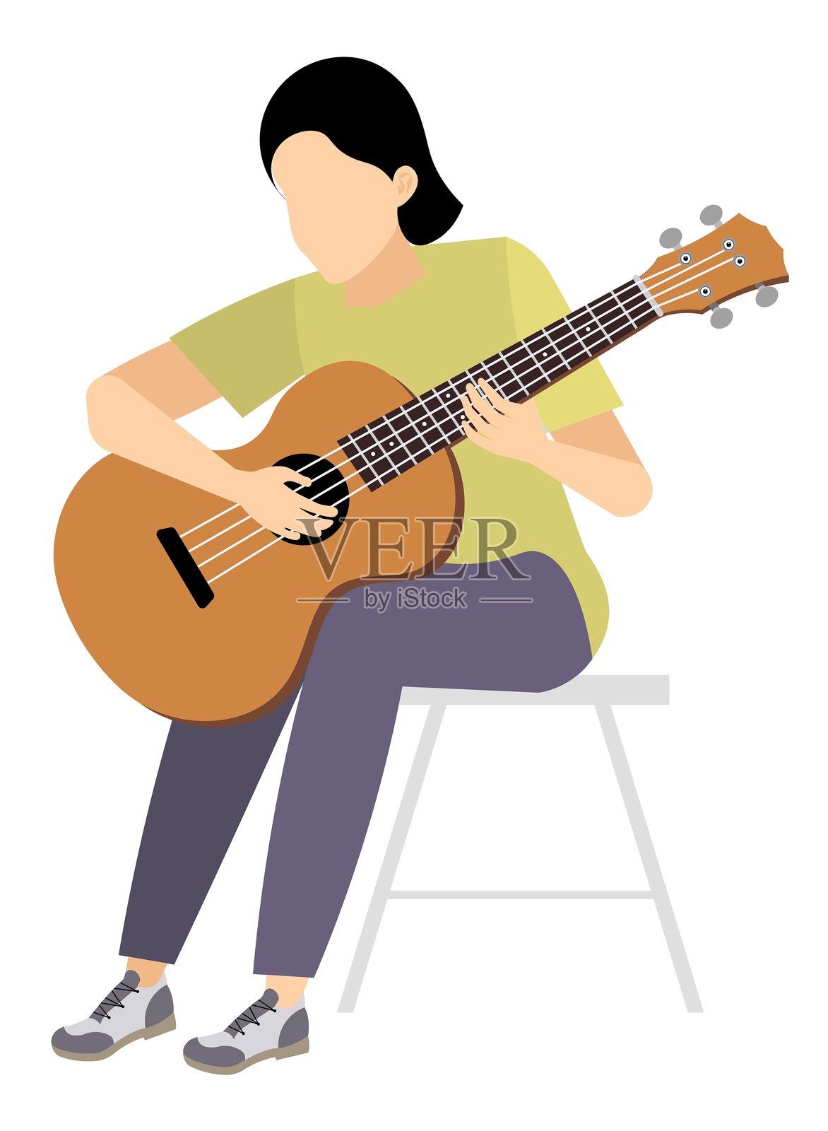 矢量人物。弹奏原声吉他。一位女性坐在椅子上弹吉他。矢量插图插画图片素材