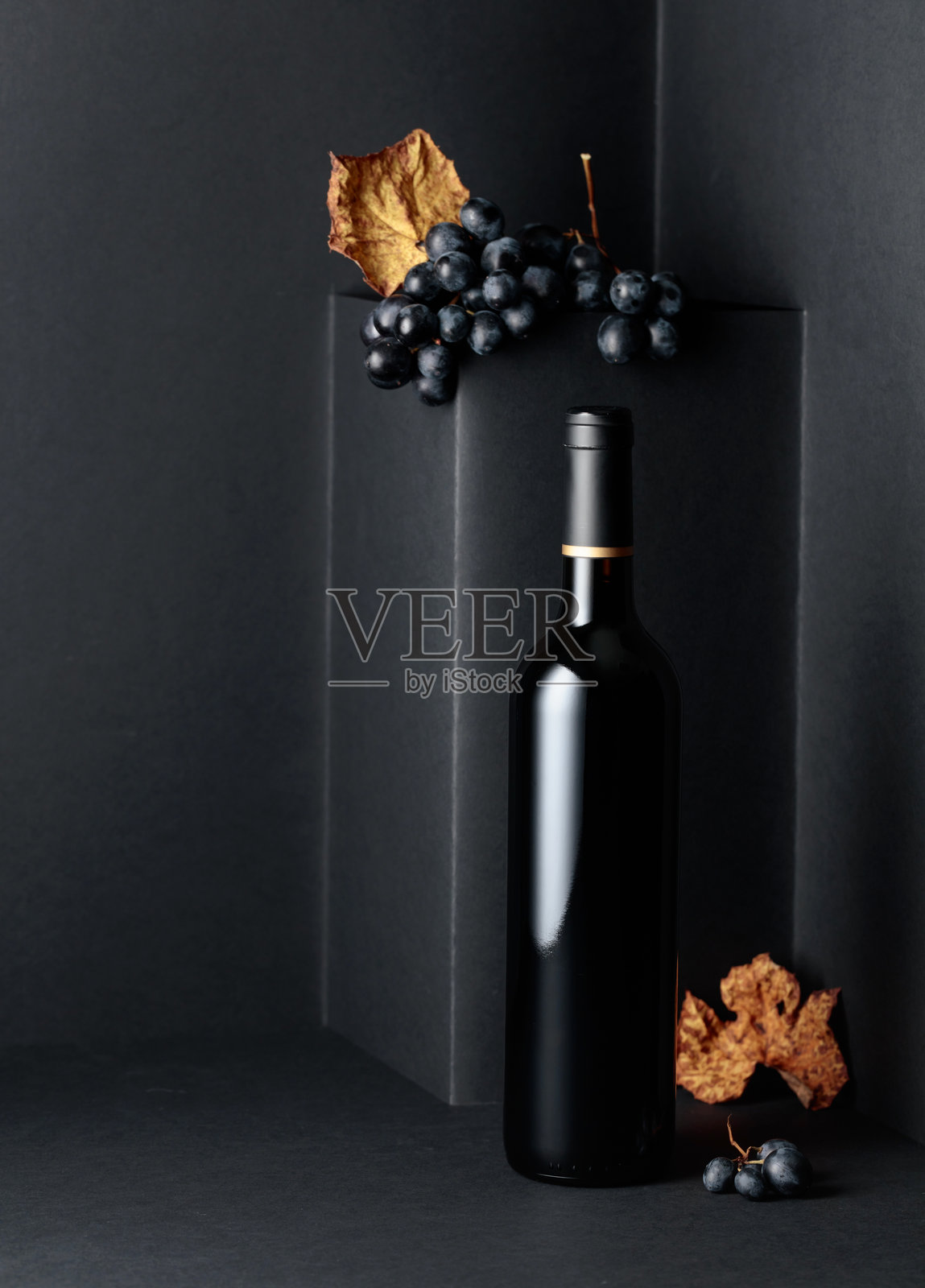黑色背景上的红酒瓶和蓝色葡萄，旁边有干枯的藤叶。照片摄影图片