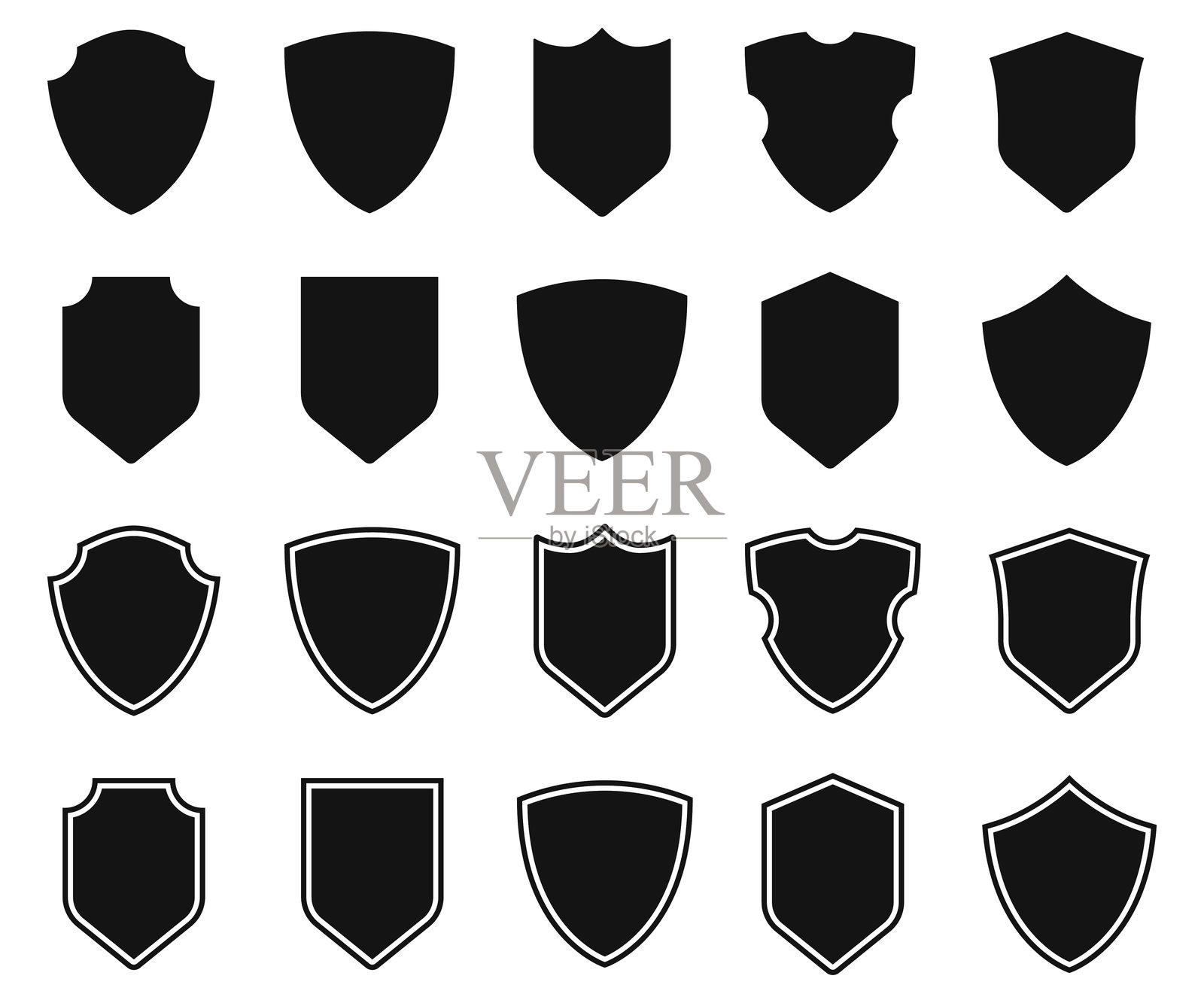 复古风格的盾牌图标集。保护盾安全线条图标。复古标签和徽章形状集合。不同形状的黑色盾牌供您设计使用。矢量插图。插画图片素材