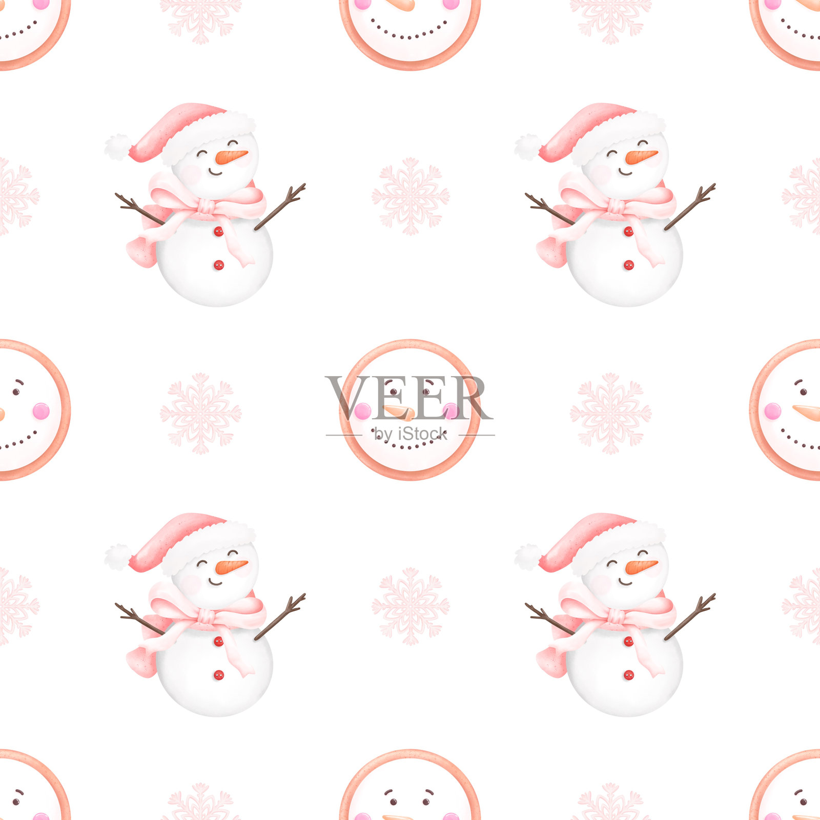 可爱的雪人，图案插图。水彩圣诞无缝图案。卡通冬季角色，雪花。非常适合壁纸、包装纸和面料设计。照片摄影图片