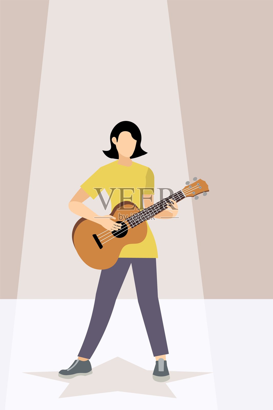 矢量人物。弹奏原声吉他。一位女孩在舞台上演奏音乐。插画图片素材