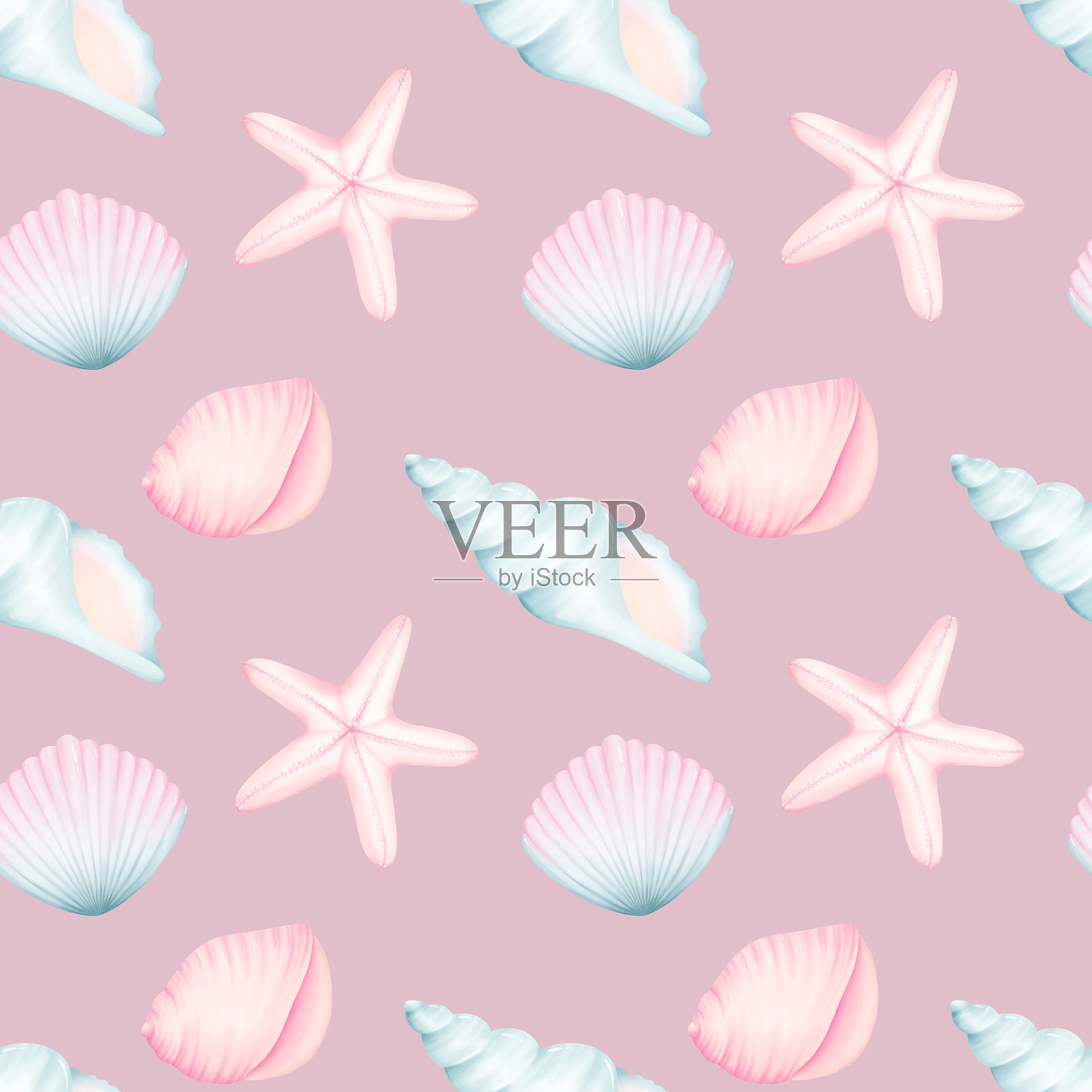水彩海洋贝壳和海星的无缝图案。手绘水彩插图。适用于面料、墙纸和纺织品的热带海洋印花。照片摄影图片