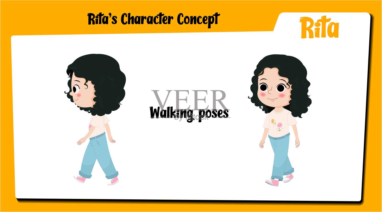 可爱的女孩卡通角色走路，名叫丽塔，小卷发女孩卡通矢量图。插画图片素材