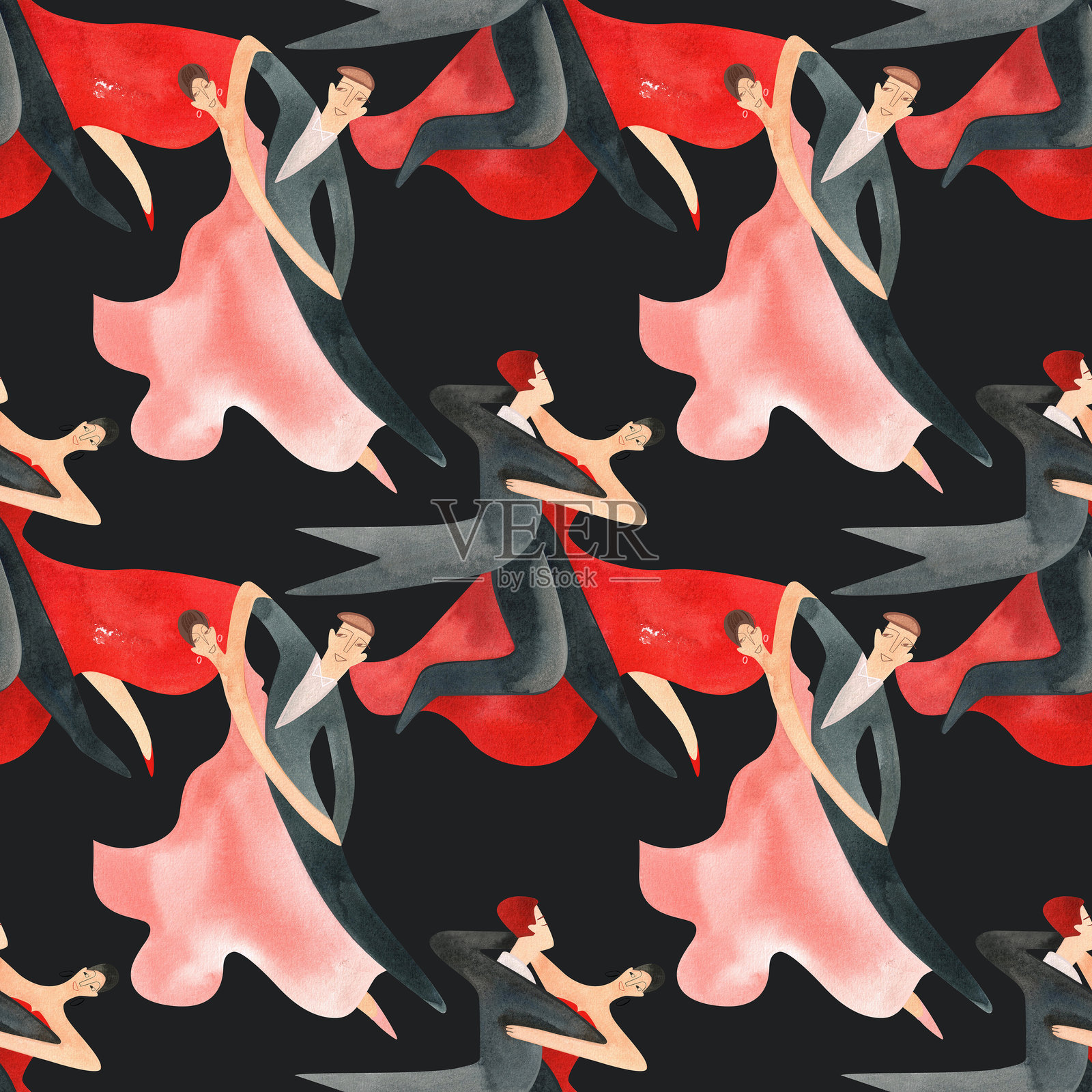 标准的社交舞，成年情侣在镶木地板上。孤立的水彩插图。无缝图案。黑色背景。照片摄影图片