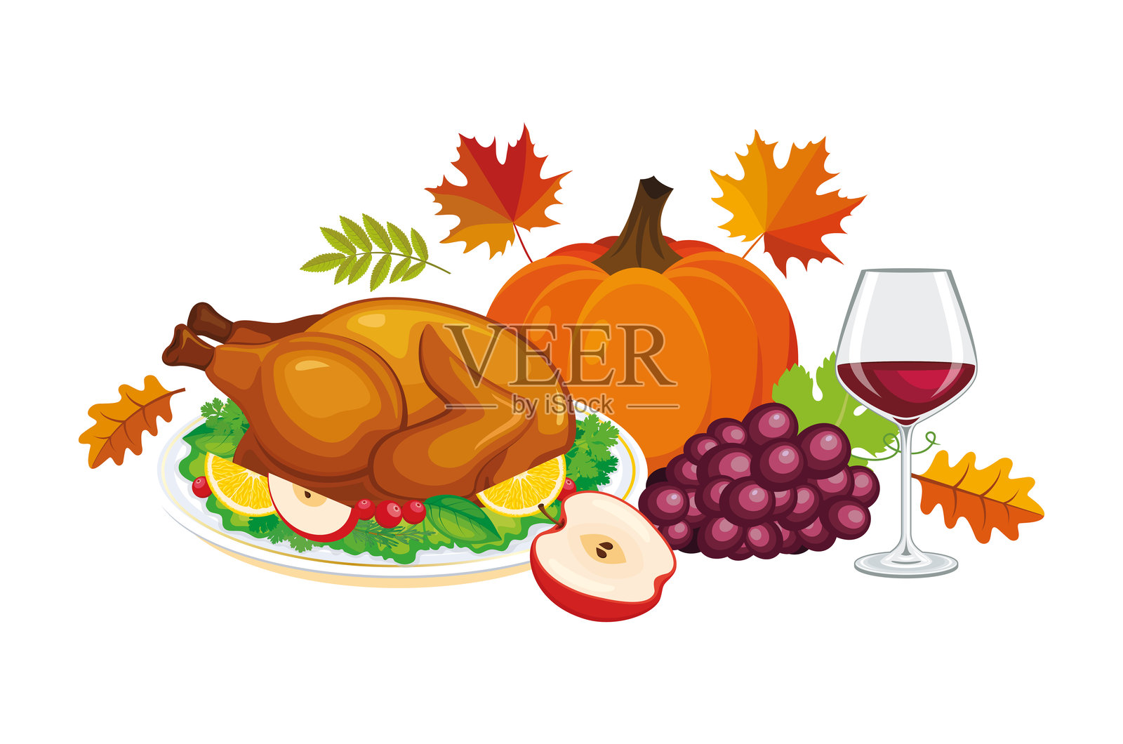烤火鸡、酒杯、葡萄、南瓜和秋天的落叶矢量插图插画图片素材