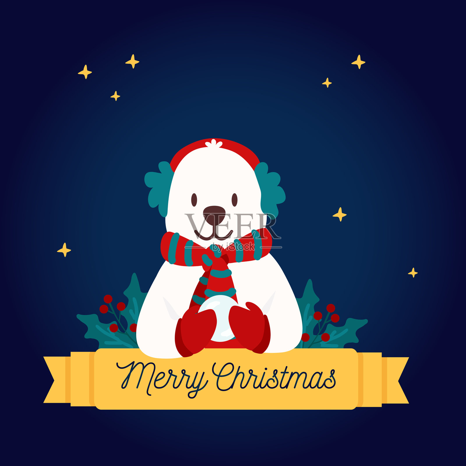 穿着耳罩、帽子、围巾和冬季手套的北极熊，背景为深蓝色，配有花环和星星。圣诞节，冬季贺卡。可爱。圣诞快乐。插画图片素材