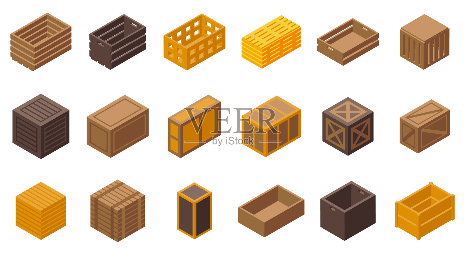 木箱图标集等距矢量图。储物箱插画图片素材