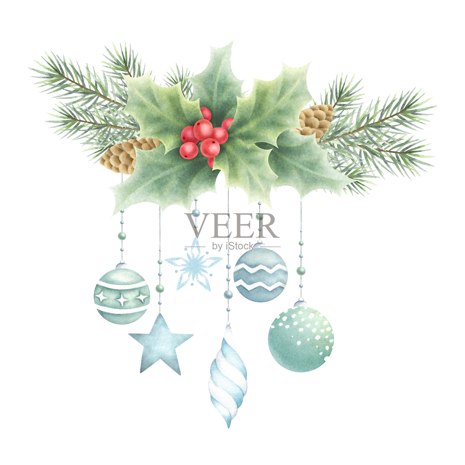 绿色和蓝色的圣诞玻璃树球，搭配各种白色，悬挂在带有松果和冬青的云杉树枝上。手绘水彩孤立插图，适用于新年贺卡设计。照片摄影图片