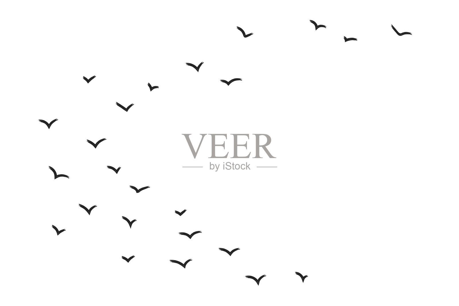 炭笔风格的随机鸟类形状在天空中飞翔。用马克笔和蜡笔绘制的墨水风格半圆形鸟群。插画图片素材