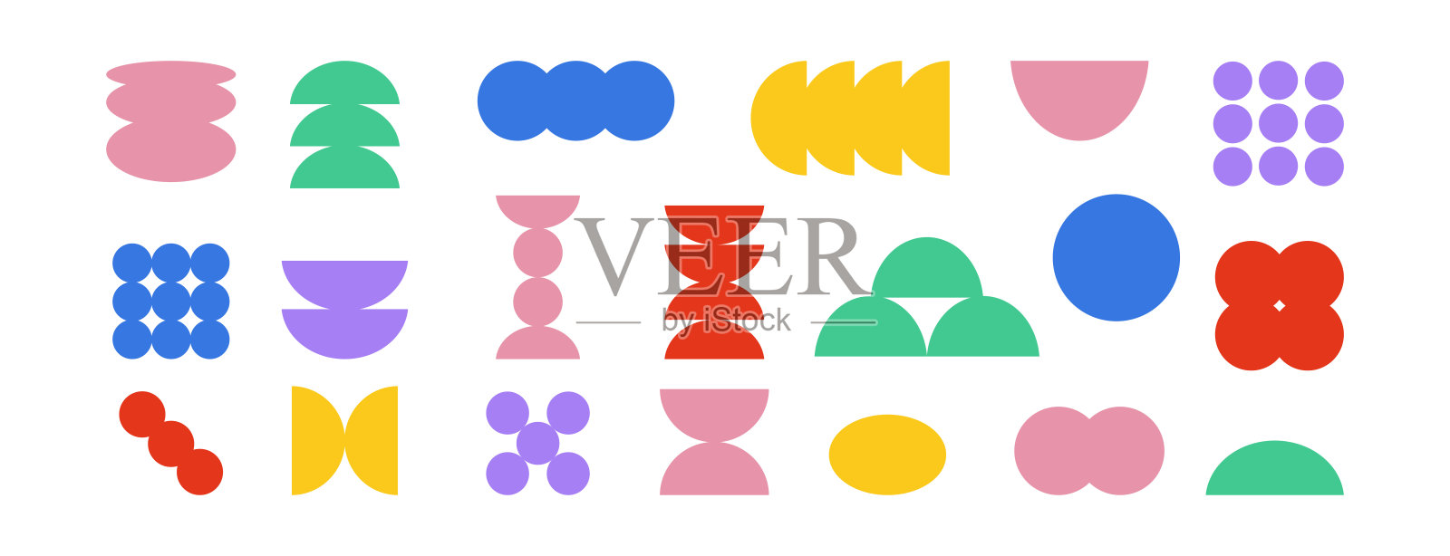 色彩丰富的野兽派几何形状矢量集。现代Y2K抽象极简主义图形、花朵、圆形。时尚的抽象图形设计元素，背景为白色。插画图片素材