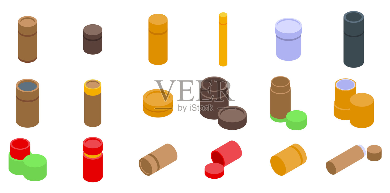 牛皮纸管盒图标集等距矢量图。牛皮纸包装插画图片素材